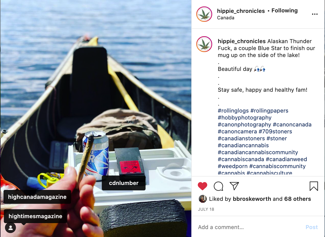 Instagram post Undercover hippie and Canadian Lumber Rolling papers